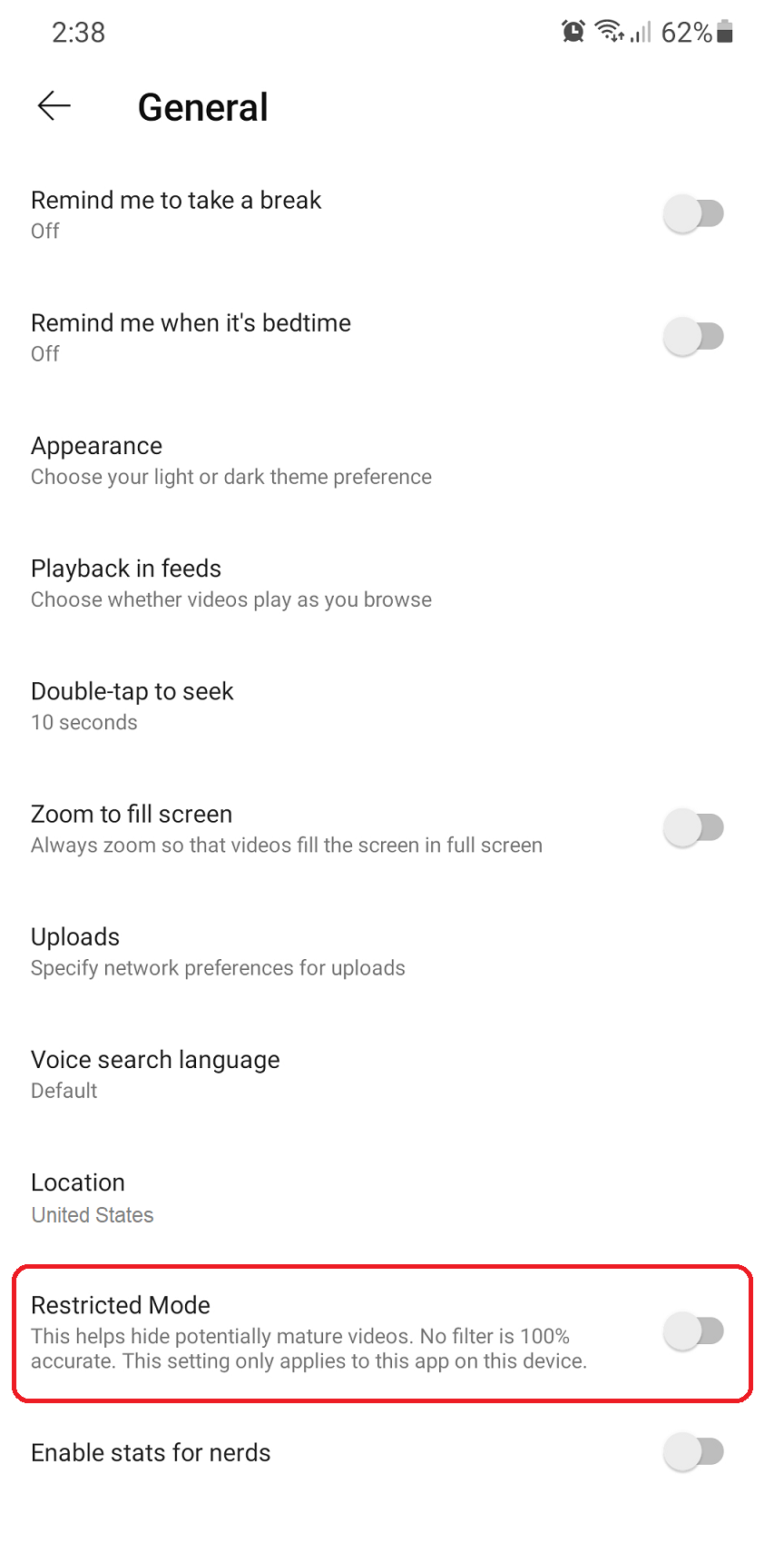 Selecting Restricted Mode on YouTube app